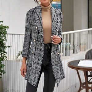 PLM Plaid Black Button Frayed Hem Tweed Pea Coat Size S New